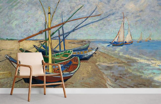 Famous Painting | Coastal Seascape Nautical Boat Mural Non-Woven Wallpaper 1ft2 Blue and Beige Design & Art Blue & Beige