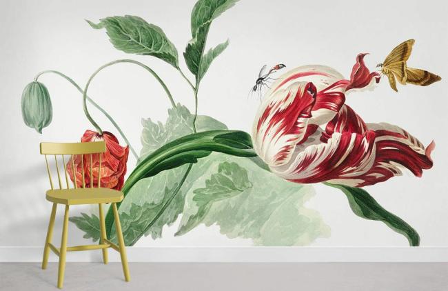 Famous Painting | Elegant Tulips and Butterfly Botanical Illustration Mural 1ft2 Red and Green Design & Art Famous Painting