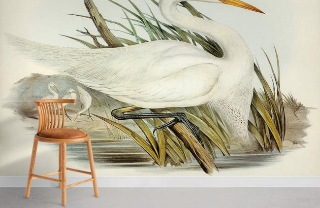 Famous Painting | Elegant White Egret Nature Mural Non-Woven Wallpaper 1ft2 White Design & Art Famous Painting