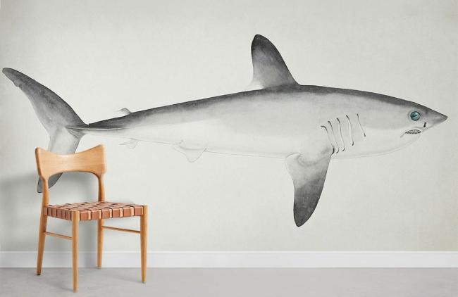 Famous Painting | Monochrome Oceanic Shark Non-Woven Wall Mural 1ft2 Grey Design & Art Famous Painting