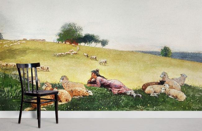 Famous Painting | Pastoral Landscape Sheep Watercolor Mural Non-Woven Wallpaper 1ft2 Green Design & Art Famous Painting