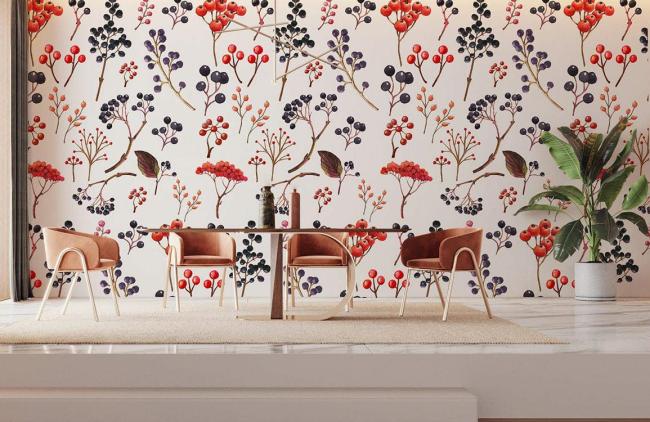 Food & Drink | Autumn Berry Botanical Mural Non-Woven Wallpaper 1Roll Red and Navy Food & Drink Food & Drink