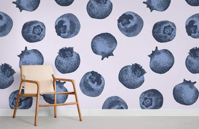 Food & Drink | Blue Berry Pattern Pink Mural Non-Woven Wallpaper 1Roll Pink and Blue Food & Drink Food & Drink