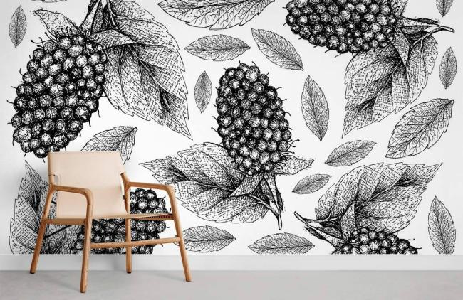 Food & Drink | Botanical Black White Berry Mural Non-Woven Wallpaper 1ft2 Black and White Food & Drink Black & White