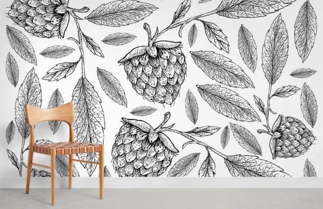 Food & Drink | Botanical Raspberry Leaf Mural Non-Woven Wallpaper 1ft2 Black and White Food & Drink Black & White