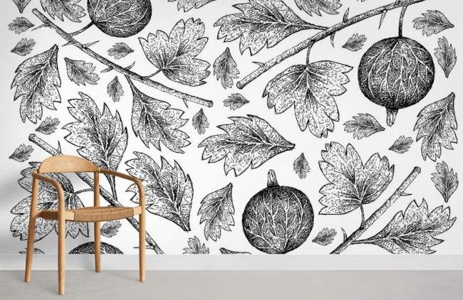 Food & Drink | Botanical Sketch Black and White Mural Non-Woven Wallpaper 1ft2 Black and White Food & Drink Black & White