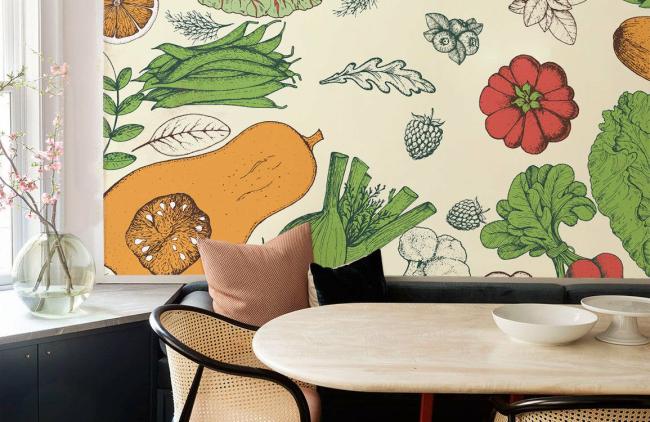 Food & Drink | Botanical Sketch Kitchen Mural Non-Woven Wallpaper 1ft2 Beige Food & Drink Beige