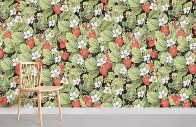 Food & Drink | Botanical Strawberry Field Mural Non-Woven Wallpaper 1Roll Green and Red Food & Drink Food & Drink