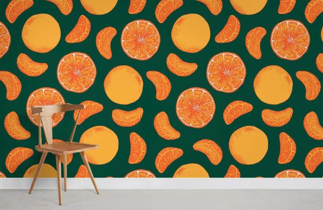 Food & Drink | Citrus Fruit Pattern Vibrant Mural Non-Woven Wallpaper 1Roll Emerald Green and Orange Food & Drink Emerald Green & Orange