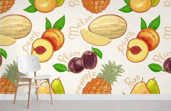 Food & Drink | Colorful Tropical Fruit Kitchen Mural Non-Woven Wallpaper 1Roll Beige Food & Drink Beige