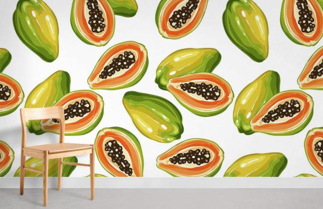 Food & Drink | Colorful Tropical Papaya Fruit Mural Non-Woven Wallpaper 1Roll Green and Orange Food & Drink Food & Drink