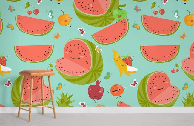 Food & Drink | Colorful Whimsical Fruit Cartoon Mural Non-Woven Wallpaper 1Roll Teal Food & Drink Food & Drink