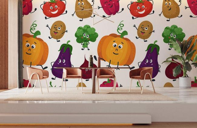 Food & Drink | Colorful Whimsical Vegetable Pattern Mural Non-Woven Wallpaper 1Roll Multicolor Food & Drink Food & Drink