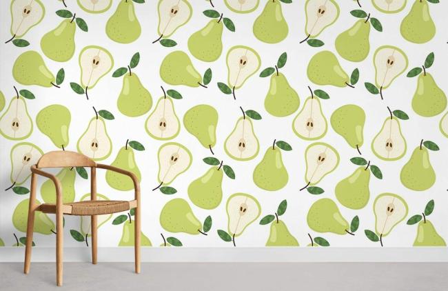 Food & Drink | Green Pear Pattern Kitchen Mural Non-Woven Wallpaper 1Roll Green Food & Drink Food & Drink