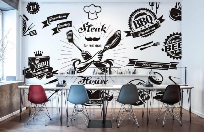 Food & Drink | Modern BBQ Kitchen Mural Non-Woven Wallpaper 1ft2 black and white Food & Drink Black & White