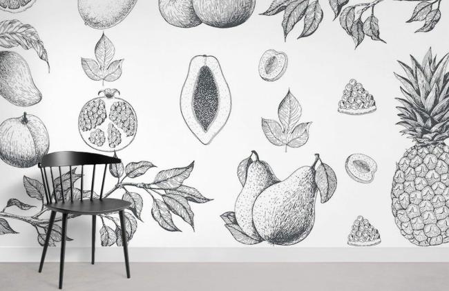 Food & Drink | Monochromatic Fruit Illustration Mural Non-Woven Wallpaper 1ft2 Black and White Food & Drink Black & White