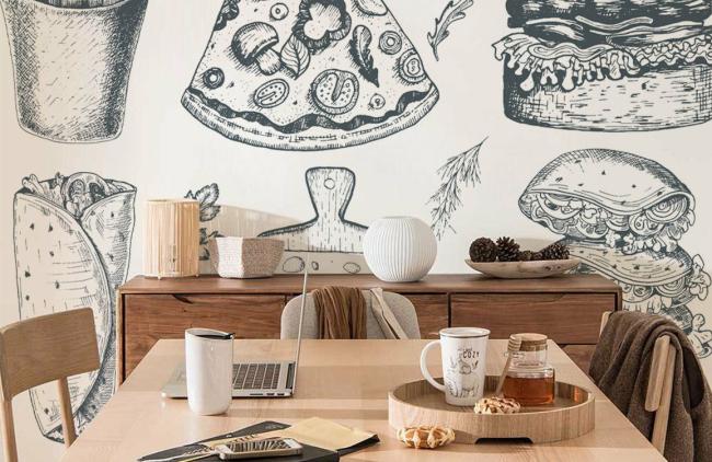 Food & Drink | Monochrome Sketch Food Pattern Mural Non-Woven Wallpaper 1ft2 Black and White Black & White