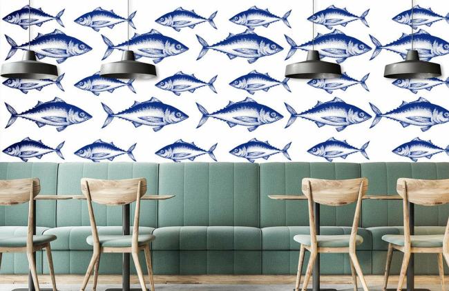 Food & Drink | Oceanic Blue Fish Pattern Mural Non-Woven Wallpaper 1Roll Blue and White Food & Drink Blue & White