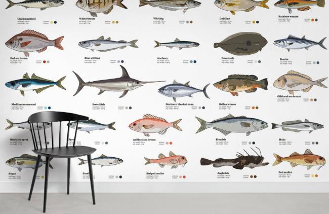 Food & Drink | Oceanic Fish Illustration Mural Non-Woven Wallpaper 1ft2 Neutral Food & Drink Food & Drink