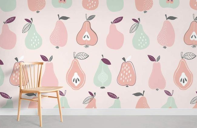 Food & Drink | Pastel Pear Patterned Nursery Mural Non-Woven Wallpaper 1Roll Pink Food & Drink Food & Drink