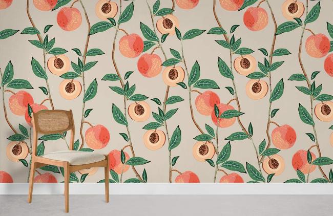 Food & Drink | Peach Botanical Illustration Mural Non-Woven Wallpaper 1Roll Beige Food & Drink Beige