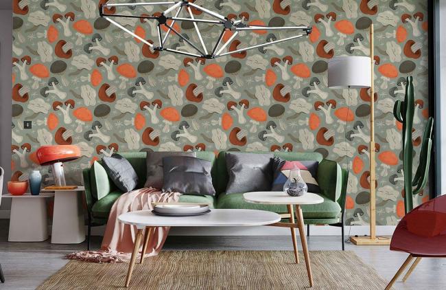 Food & Drink | Playful Mushrooms Pattern Nursery Mural Non-Woven Wallpaper 1Roll Beige Food & Drink Beige