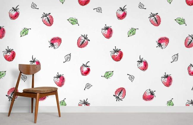 Food & Drink | Playful Pink Strawberry Whimsical Mural Non-Woven Wallpaper 1Roll Pink, Green, White Food & Drink Food & Drink