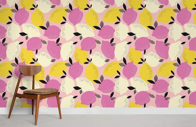 Food & Drink | Playful Pink Yellow Lemon Mural Non-Woven Wallpaper 1Roll Pink, Yellow, Beige Food & Drink Food & Drink