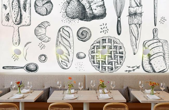 Food & Drink | Rustic Kitchen Sketches Non-Woven Wallpaper Mural 1ft2 black and white Food & Drink Black & White