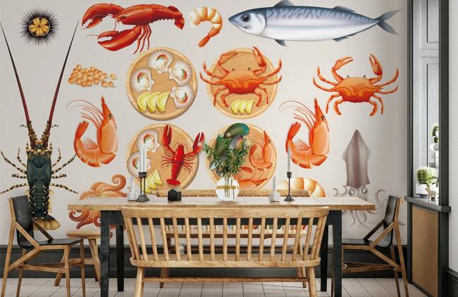 Food & Drink | Seafood Delight Kitchen Mural Non-Woven Wallpaper 1ft2 Beige Food & Drink Beige