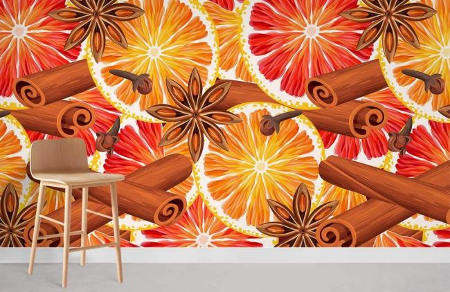 Food & Drink | Spicy Cinnamon Citrus Floral Mural Non-Woven Wallpaper 1Roll Orange Food & Drink Food & Drink