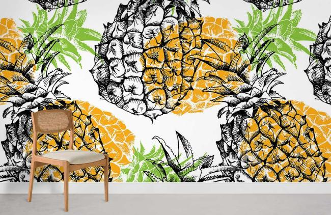 Food & Drink | Tropical Pineapple Sketch Mural Non-Woven Wallpaper 1Roll Yellow and Green Food & Drink Food & Drink