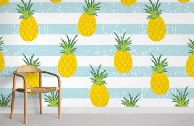 Food & Drink | Tropical Pineapple Striped Feature Mural Non-Woven Wallpaper 1Roll Yellow and Blue Food & Drink Food & Drink