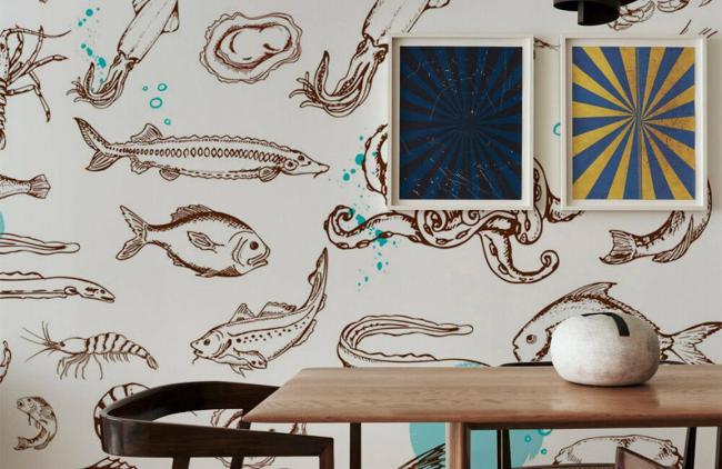 Food & Drink | Underwater Seafood Illustration Mural Non-Woven Wallpaper 1ft2 Beige Food & Drink Beige