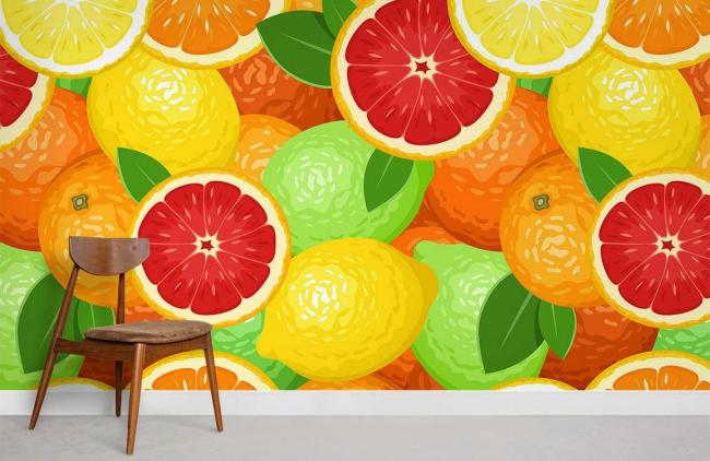 Food & Drink | Vibrant Citrus Fruit Kitchen Mural Non-Woven Wallpaper 1Roll Yellow, Orange, Green Food & Drink Food & Drink