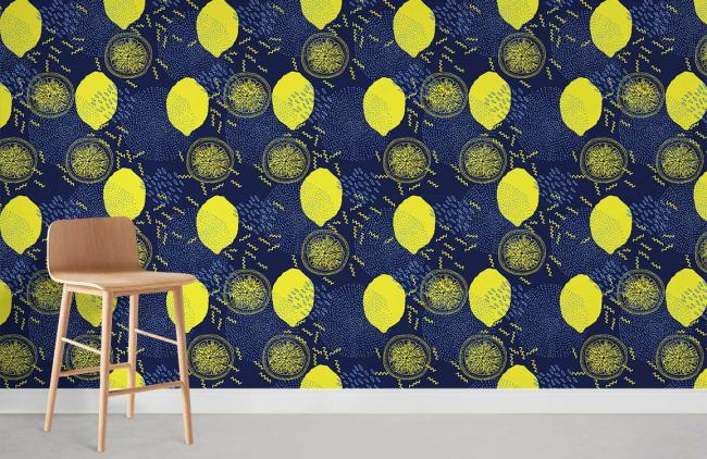 Food & Drink | Vibrant Lemon Delight Modern Mural Non-Woven Wallpaper 1Roll Yellow and Navy Food & Drink Food & Drink