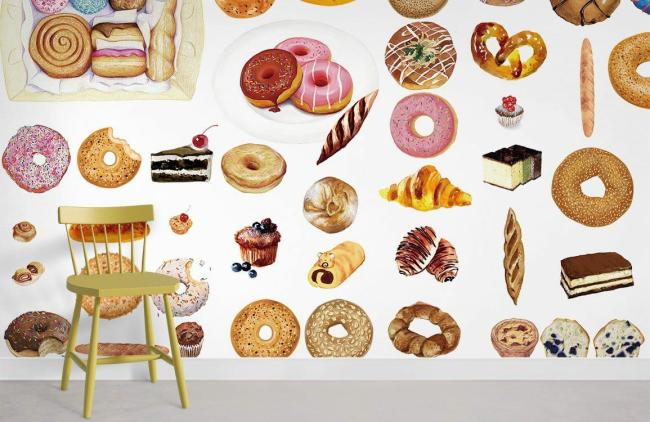 Food & Drink | Whimsical Assorted Pastry Mural Non-Woven Wallpaper 1ft2 Beige Food & Drink Beige