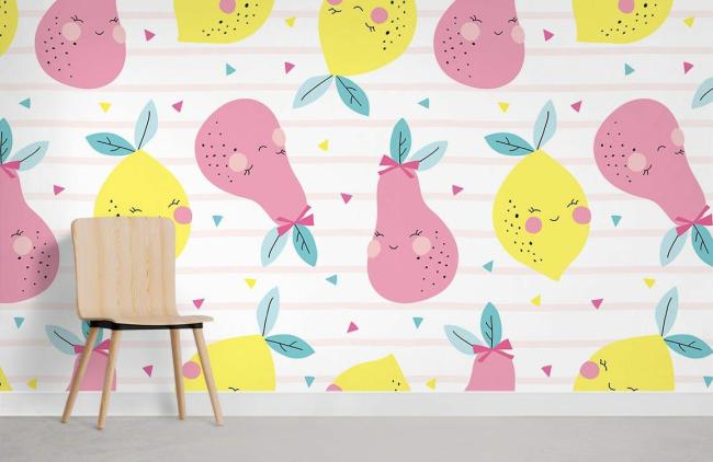 Food & Drink | Whimsical Fruity Nursery Mural Non-Woven Wallpaper 1Roll Pink and Yellow Food & Drink Food & Drink