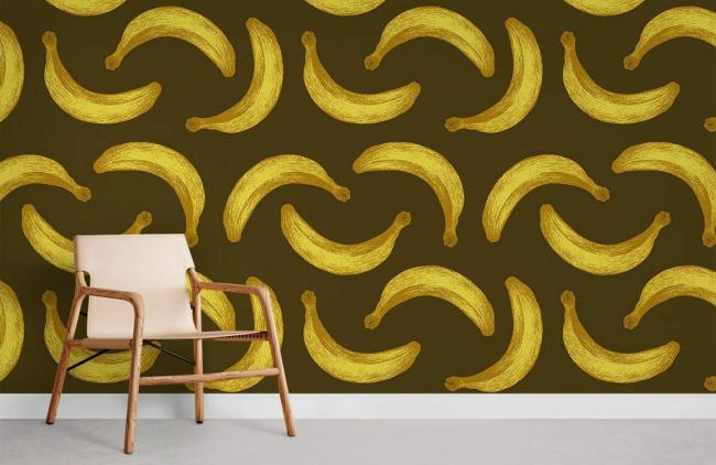 Food & Drink | Whimsical Golden Bananas Dark Mural Non-Woven Wallpaper 1Roll Gold and Dark Green Food & Drink Food & Drink