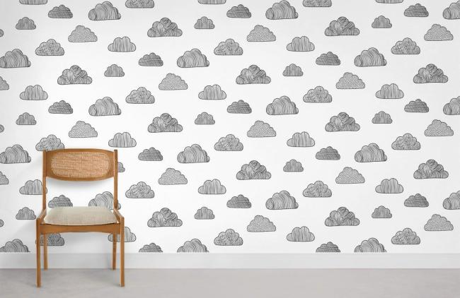 Food & Drink | Whimsical Hand-Drawn Clouds Mural Non-Woven Wallpaper 1Roll Black and White Food & Drink Black & White