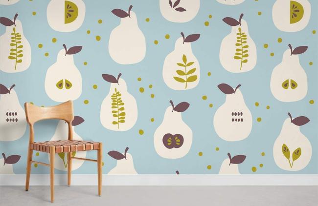 Food & Drink | Whimsical Pear Patterned Nursery Mural Non-Woven Wallpaper 1Roll Light Blue Food & Drink Food & Drink