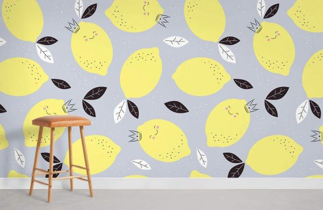 Food & Drink | Whimsical Yellow Lemon Fun Mural Non-Woven Wallpaper 1Roll Yellow and Grey Food & Drink Food & Drink