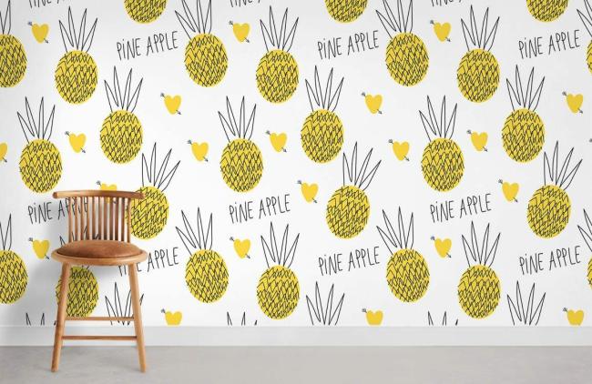 Food & Drink | Yellow Pineapple Heart Whimsical Mural Non-Woven Wallpaper 1Roll Yellow and White Food & Drink Food & Drink