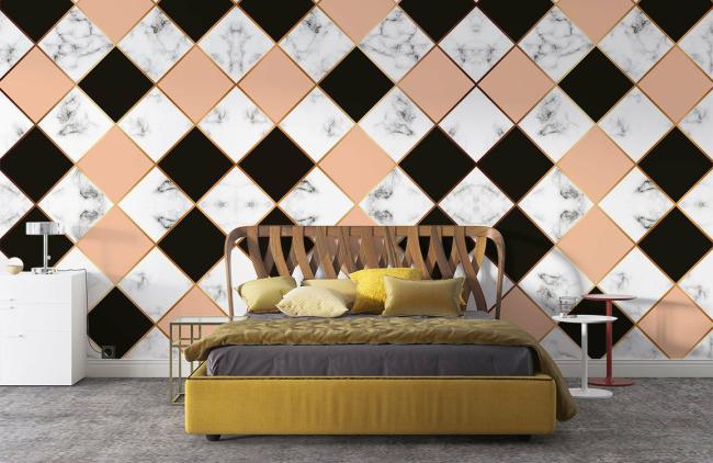 Geometric | Elegant Geometric Marble Diamond Mural Non-Woven Wallpaper 1ft2 Peach, Black, White General Geometric