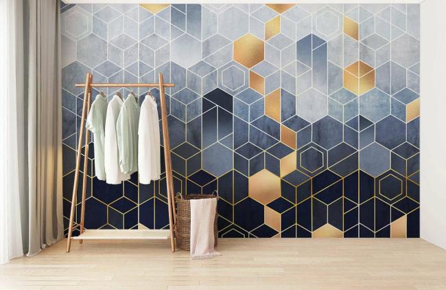 Geometric | Geometric Blue Gold Hexagon Mural Non-Woven Wallpaper 1ft2 Blue and Gold General Blue & Gold