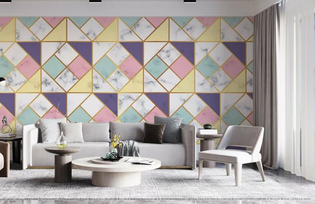 Geometric | Geometric Marble Gold Accent Mural Non-Woven Wallpaper 1Roll Pastel Multicolor General Geometric