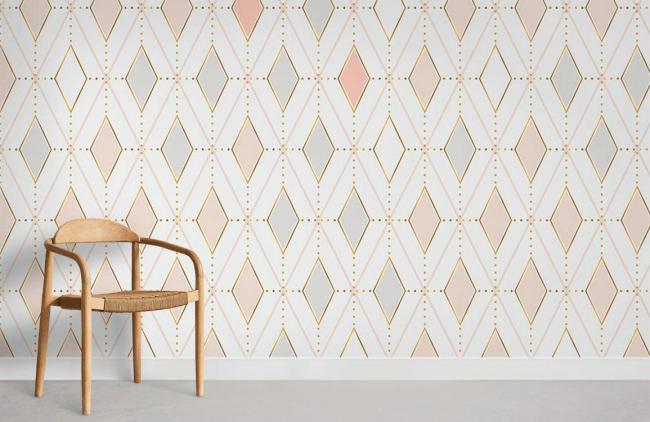 Geometric | Geometric Pink Diamond Modern Mural Non-Woven Wallpaper 1ft2 Pink and Gold General Geometric