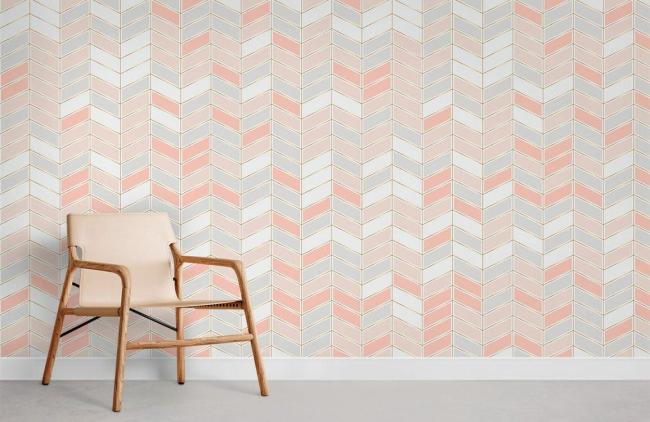 Geometric | Modern Geometric Herringbone Mural Non-Woven Wallpaper 1ft2 Pink and Beige General Geometric