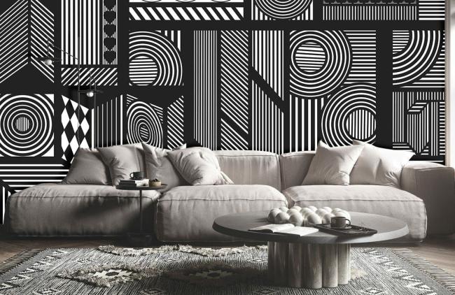 Geometric | Modern Mechanical Lines Black White Mural 1ft2 Black and White General Black & White