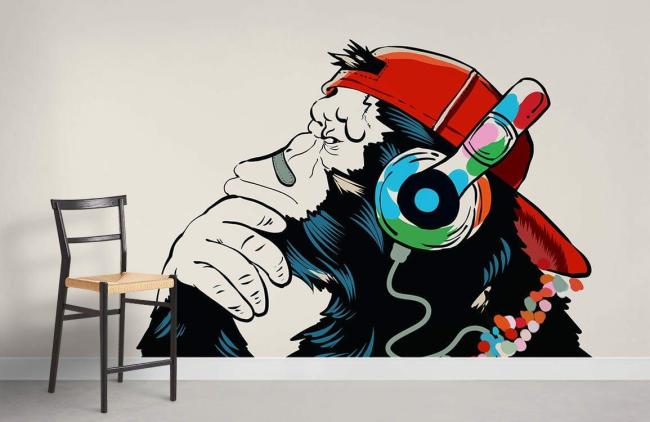 Graffiti | Cool Monkey DJ Urban Mural Non-Woven Wallpaper 1ft2 Beige Design & Art Beige